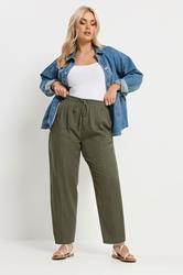 YOURS Plus Size Olive Green Barrel Leg Linen Trousers | Yours Clothing 2