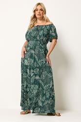 YOURS Plus Size Green Leaf Tie Neck Bardot Maxi Dress | Yours Clothing 1