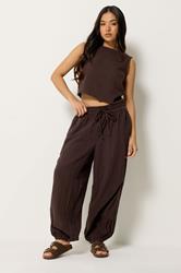 PixieGirl Petite Women's Set Chocolate Brown Cotton Cheesecloth Top & Balloon Trousers | PixieGirl 3
