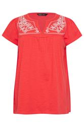 M&Co Orange Embroidered Cotton Notch Neck Top