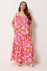YOURS Plus Size Pink Palm Leaf Shirred Maxi Dress | Yours Clothing 1