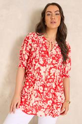 EVANS Plus Size Red Floral Pintuck Tie Neck Blouse | Evans 1
