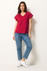 M&Co Red Broderie V-Neck Cotton T-Shirt | M&Co  1