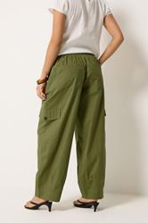 PixieGirl Petite Women's Khaki Green Poplin Cotton Cargo Barrel Leg Trousers | PixieGirl 2