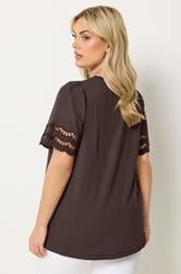 YOURS Plus Size Brown Broderie Anglaise Angel Sleeve T-Shirt | Yours Clothing 2
