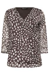 M&Co Petite Chocolate Brown Polka Dot Mesh Sleeve Wrap Top