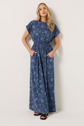 LTS Tall Women's Blue Floral Shirred Waist Cotton Maxi Dress | Long Tall Sally 2