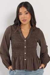 PixieGirl Petite Women's Chocolate Brown Shirred Long Sleeve Shirt | PixieGirl 3