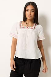 M&Co Petite White Floral Embroidered Cotton Square Neck Blouse | M&Co 3
