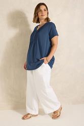 EVANS Plus Size Navy Blue Short Sleeve Cotton Henley Top | Evans 1