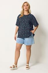 YOURS Plus Size Navy Blue Ditsy Floral Boxy T-Shirt | Yours Clothing 1