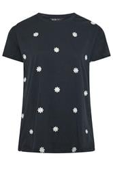 YOURS Curve Navy Blue Embroidered Daisy T-Shirt
