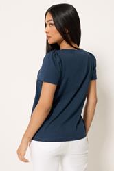 M&Co Petite Navy Blue Short Sleeve Frill Cotton Blouse | M&Co 2