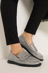 Grey Faux Leather Flatform Loafers In Wide E Fit | Yours Clothing 1