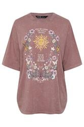 YOURS Kastiges T-Shirt in Rosa mit Blumen- und Sonnen-Print