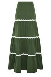 LTS Tall falda larga de algodón verde caqui con remolinos en contraste