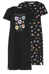 YOURS Plus Size 2 PACK Black 'Sleep Solves Everything'  Floral Midaxi Nightdresses | Yours Clothing 7