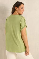 EVANS Plus Size Chartreuse Crochet Trim Cotton V Neck T-Shirt | Evans 2