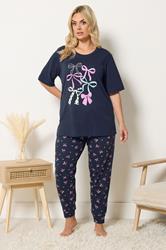 YOURS Plus Size Navy Blue Bow Print Pyjama Set | Yours Clothing 1