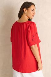 EVANS Plus Size Red Broderie Sleeve Tie Neck Blouse | Evans 2