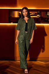 PixieGirl Petite Women's Khaki Green Sequin Embellished Short Sleeve Shirt | PixieGirl 3