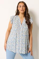 YOURS Plus Size White & Blue Frill Sleeve Blouse | Yours Clothing 3