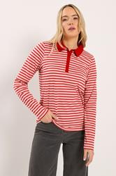 LTS Tall Women's Red and Pink Stripe Polo Cotton T-Shirt | Long Tall Sally 1