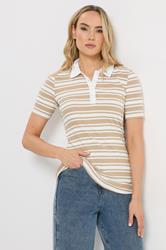 LTS Tall Women's Natural Brown & White Stripe Polo Top | Long Tall Sally 1