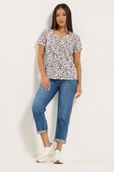 M&Co Petite White & Pink Floral Short Sleeve Cotton Henley Top | M&Co 1