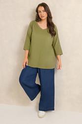 EVANS Plus Size Moss Green V-Neck Cotton Top | Evans 1