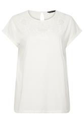 YOURS Curve White Broderie Anglaise Grown On Sleeve T-Shirt