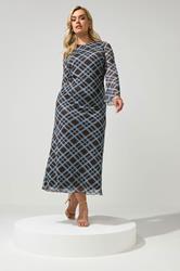 YOURS LONDON Plus Size Chocolate Brown & Blue Checked Mesh Dress | Yours Clothing 1
