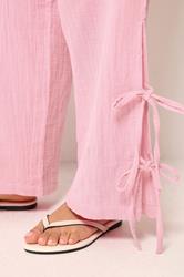 PixieGirl Petite Women's Pink Tie Detail Cotton Cheesecloth Wide Leg Trousers | PixieGirl 2