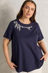 EVANS Plus Size Navy Blue Beaded Flower T-Shirt | Evans 3
