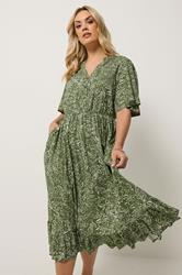 YOURS Plus Size Khaki Green Floral Midi Dress | Yours Clothing 1