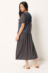 PixieGirl Petite Women's Navy Blue & Brown Check Midi Dress | PixieGirl 2