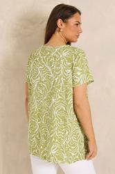 EVANS Plus Size Green Abstract Print Cotton Henley Top | Evans 2