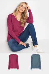 LTS Tall Women's 2 Pack Pink & Blue V-Neck Long Sleeve Cotton T-Shirts | Long Tall Sally 3