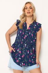 YOURS Plus Size Navy Blue Floral Sleeveless Pintuck Top | Yours Clothing 3