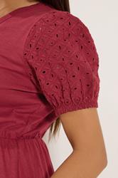 M&Co Petite Berry Red Broderie Sleeve Cotton Midi Dress | M&Co 4