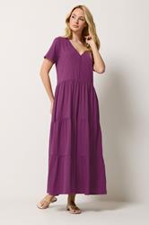 M&Co Berry Purple Notch Neck Tiered Cotton Maxi Dress | M&Co 3