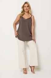 YOURS Plus Size Chocolate Brown Lace Insert Vest Top | Yours Clothing 1