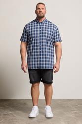 D555 Big & Tall Navy Blue Check Pocket Short Sleeve Shirt | BadRhino 1