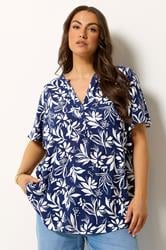 YOURS Plus Size Navy Blue Leaf Notch Neck Top | Yours Clothing 3