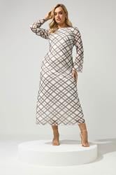 YOURS LONDON Plus Size Ivory White & Brown Checked Mesh Dress | Yours Clothing 3