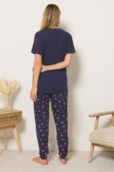 LTS Tall Women's Navy Blue Bow Print Cotton Cuffed Pyjama Set | Long Tall Sally 2