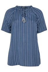 YOURS Curve Navy Blue Stripe Notch Neck Embroidered Blouse