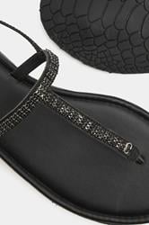 Black Diamante Toe Post Sandals In Extra EEE Wide Fit | Yours Clothing 4
