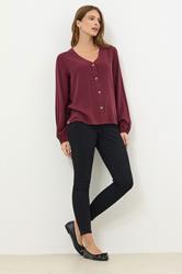 M&Co Berry Red Button Front Long Sleeve Blouse | M&Co 1