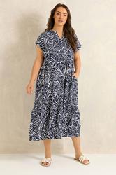 EVANS Plus Size Navy Blue Abstract Print Notch Neck Cotton Midi Dress | Evans 3